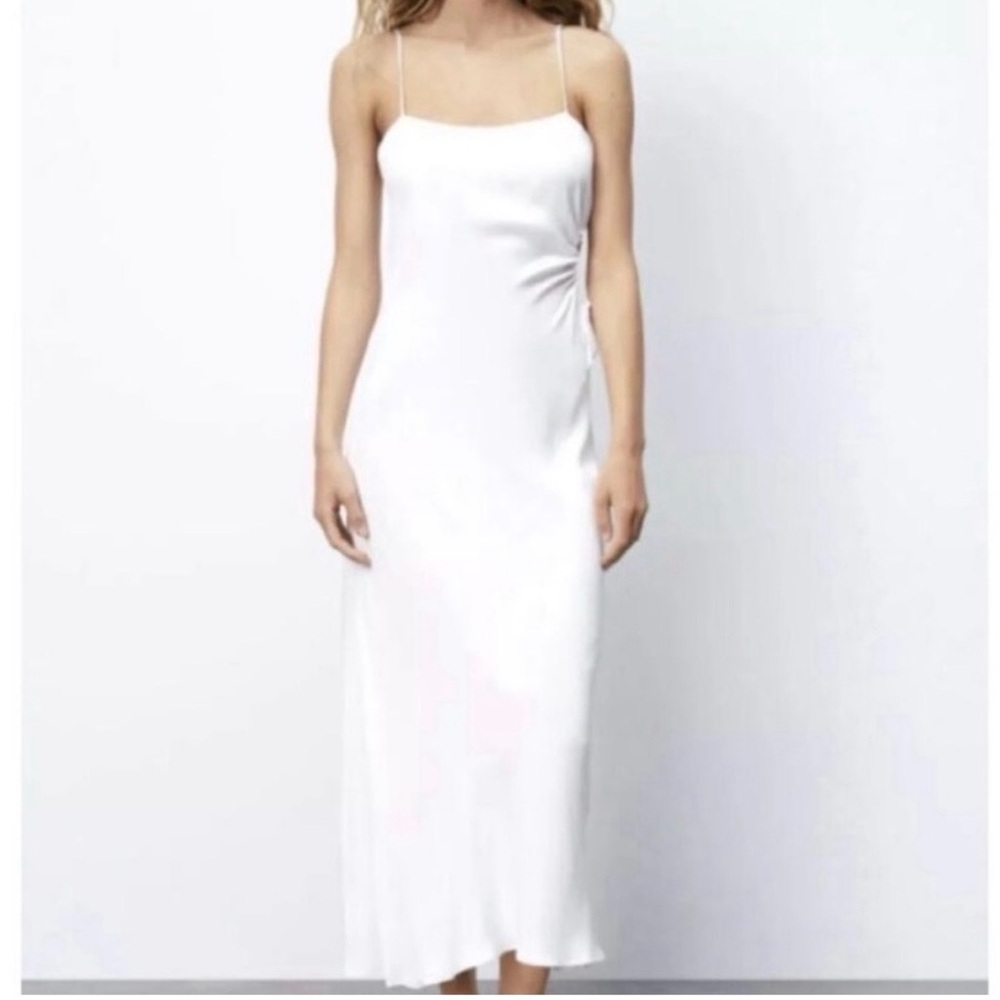 Zara White Midi Dress with Spaghetti Straps